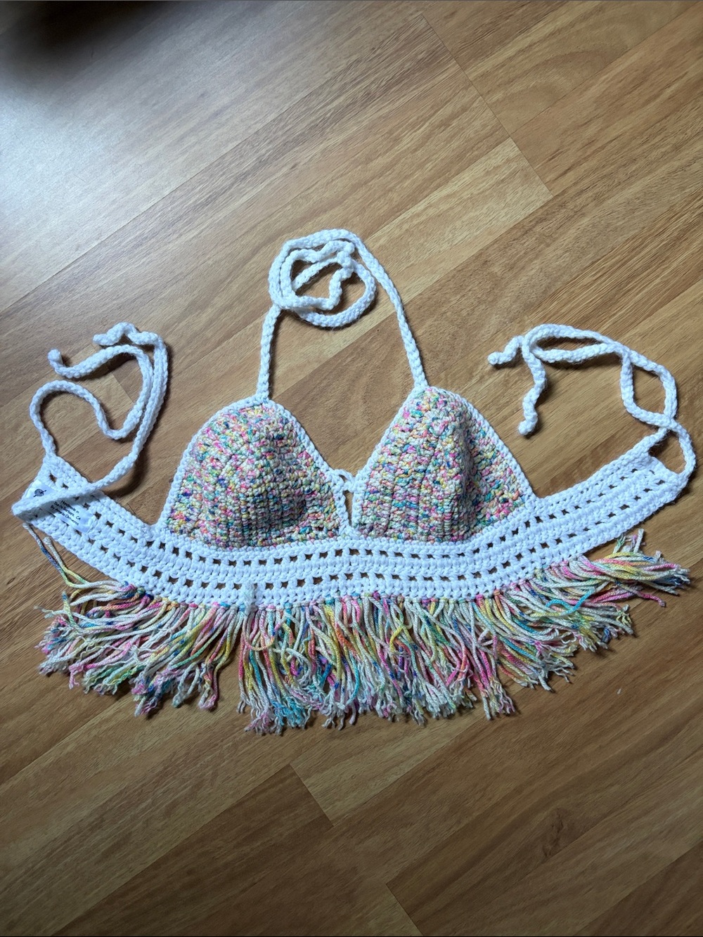 Crochet Fringe Halter Bralette - White with Pastel Multicolor